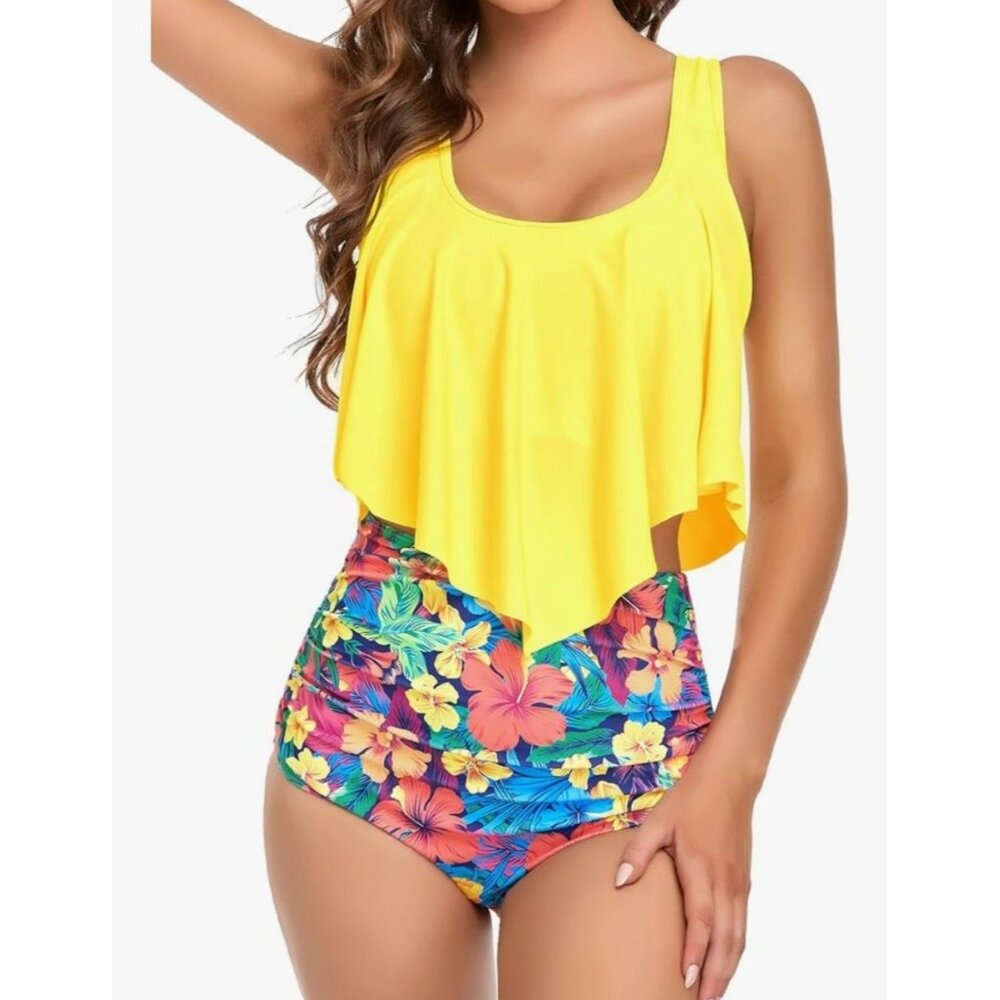 Womens Two-Piece Size S High Waisted Tropical Floral Swimsuit Vacation Beach